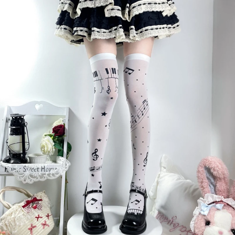 1 Pair Summer Thin Musical Note Sheer Pantyhose for Women Sweet Cool Lolita School Style Versatile Tights Breathable Stockings