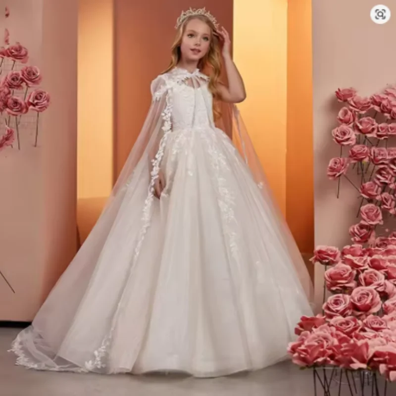 Fluffy Elegant Princess Dress Lace Tulle Flower Girl Dress Sleeveless with Shawl First Communion Birthday Wedding Dress