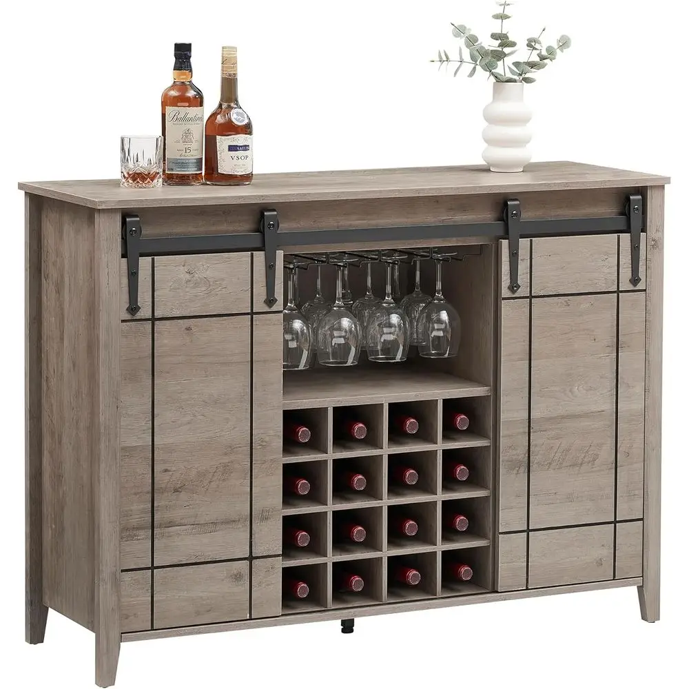 

47 Sliding Barn Door Wine Bar Cabinet, Rustic Kitchen Coffee Bar with Glass Rack, Storage Shelves, Grey