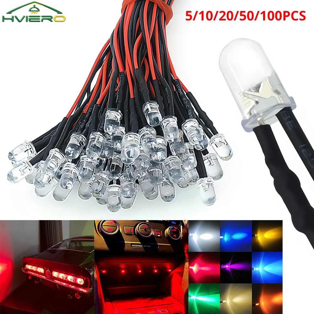 5/10/20/50/100PCS 5mm 12v Pre-wired Round Led Lamp Ultra Bright Diffused Diy Decoration Lights Home Disco Park Staircase Ceiling