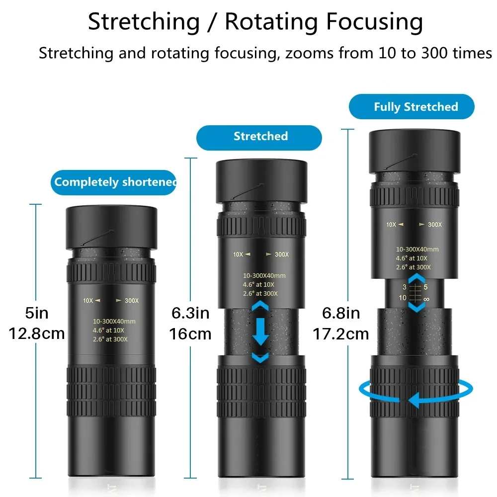 30mm 휴대용 미니 확장 가능한 단안 렌즈 조류 관찰 미러, 야외 캠핑용, 10-300x40mm