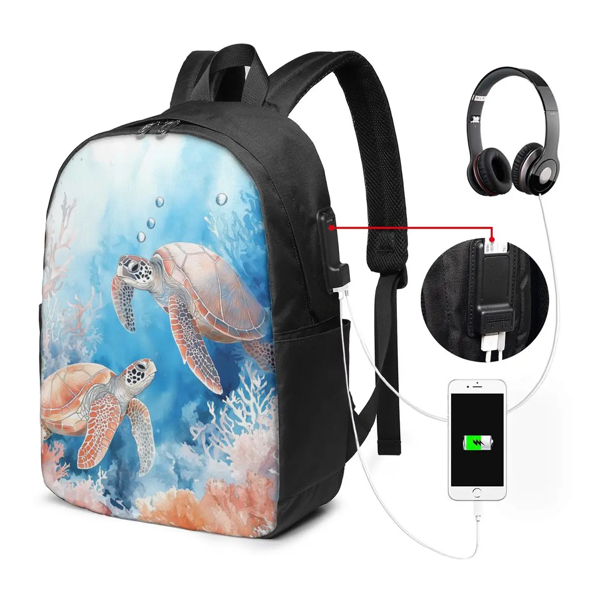 Watercolor Sea Vibrant Rainbow Turtle Backpack Travel Notebook Bag Computer College Student School Bag Laptop Shoulder Bags