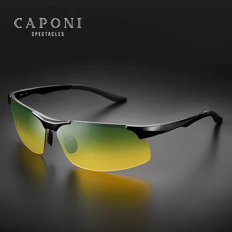 

CAPONI Day And Night Sunglasses For Men Driving Classic Sports Green Yellow Sun Glasses UV400 Protection Aluminum Shades RY8033