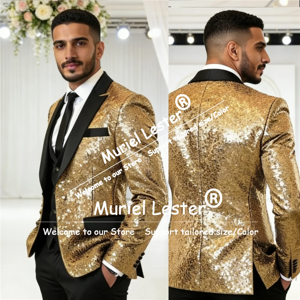 

Sparkling Sequin Men Suit For Wedding Party 3 Pieces Sets Black Shawl Lapel Groom Tuxedos Man Banquet Prom Blazers Ropa Hombre