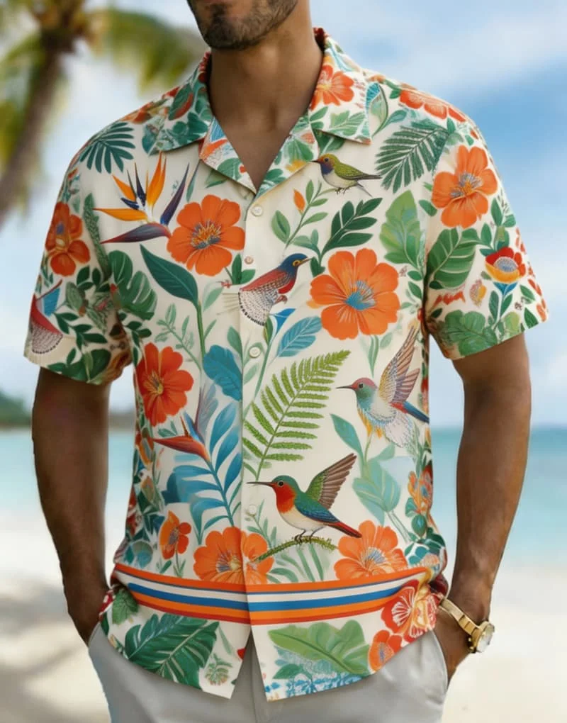 Men's Tropical Hummingbird Flower Print  Shirt, for Summer Holiday, Beach Trips, Daily Outings & Casual Wear