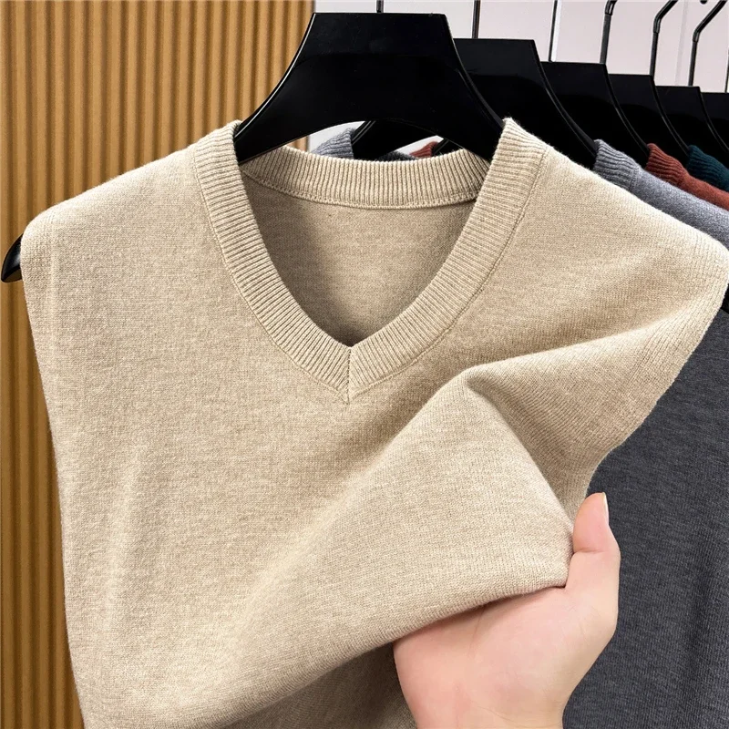 Mens V Neck Knit Vest Sleeveless Sweater Soft Thin Knitwear Casual Business Basic Tank Top For Autumn Daily Wear