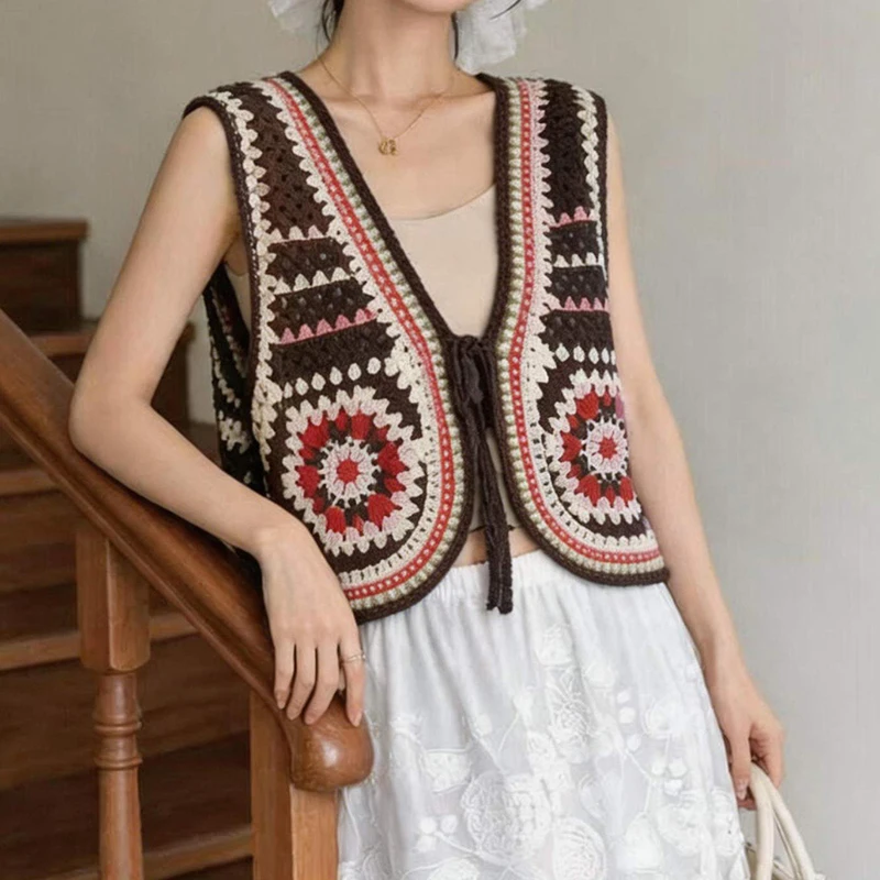 Vintage Granny Square Crochet Vest with Tie Front Tie-up Waistcoat Open Knit Sleeveless Jacket Boho Style Beach Cover Up Women
