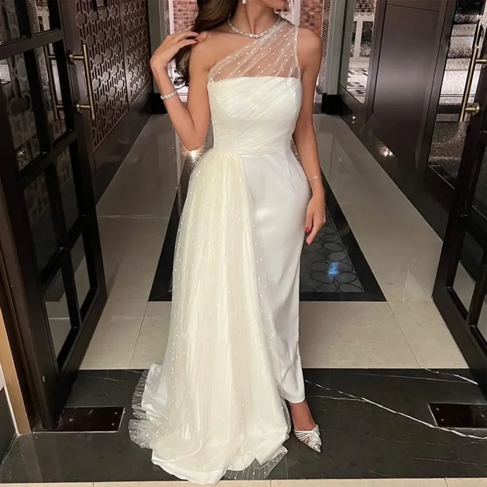 

Elegance Sheath Wedding Dresses Ankle Length One Shoulder Column Bridal Gown Wave Point Garden Vestidos De Novia Mariage