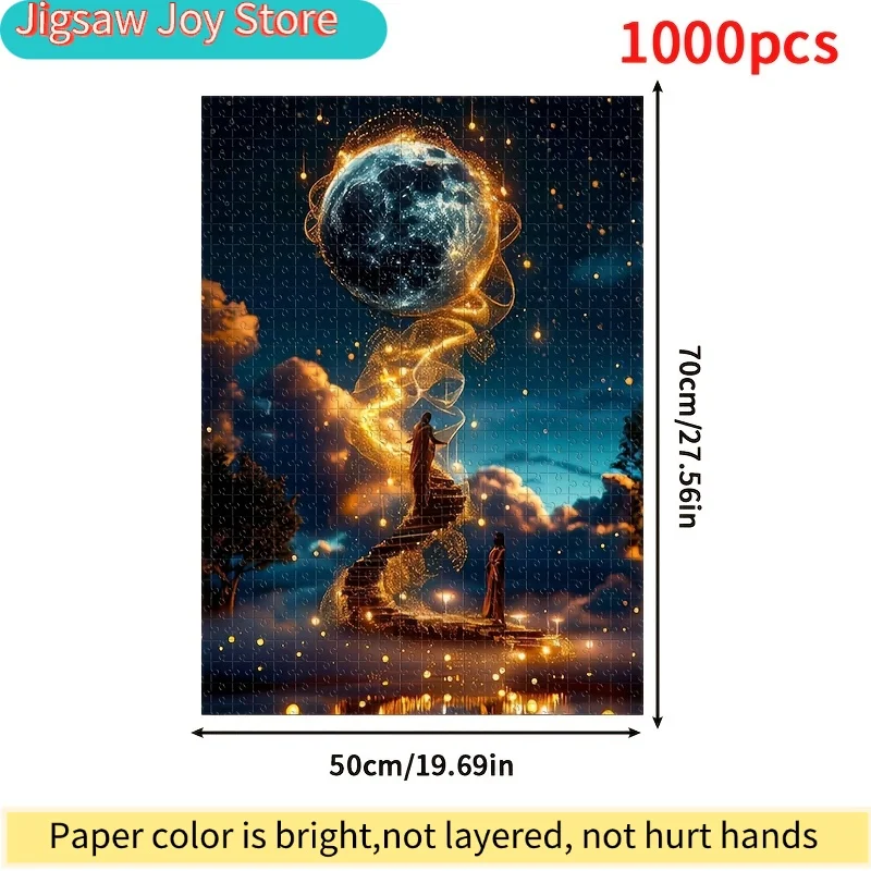 จิ๊กซอว์สำหรับผู้ใหญ่ 1000 ชิ้น - ขนาด 19.69x27.56 นิ้ว ฉากการลงจอดบนดวงจันทร์และจักรวาลเต็มไปด้วยดวงดาว พร้อมแสงสีทอง ติดผนังได้ สำหรับสปา