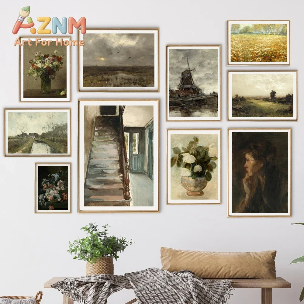 AZNM Vintage Classic Oil Painting Canvas Wall Art Floral Windmill Country Landscape Retro Gallery Art Print Unframed Canvas Post
