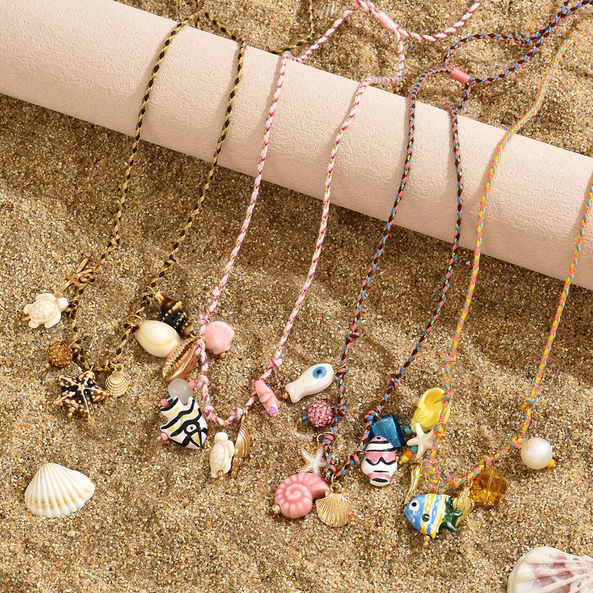 FTCY Fashion Ceramic Fish Pendant Necklaces For Women Cute Ocean Style Orange Weave Shell Necklaces Summer Beach Party Jewelry