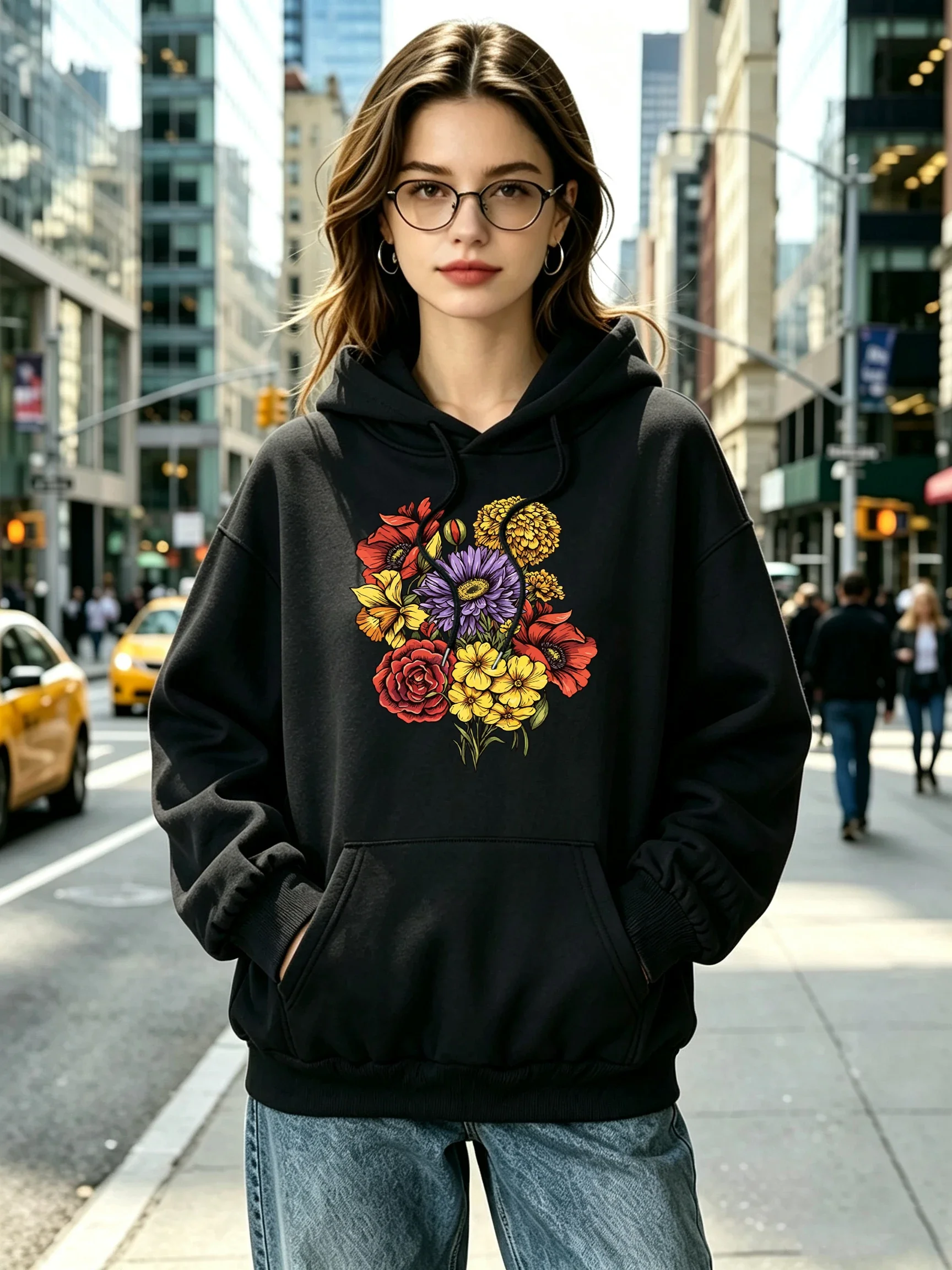 Colorful Wildflower Bouquet Rose Daisy Pattern Woman Hoody Soft O-Neck Clothing Autumn Casual Streetwear Sport Y2K Cheap Hoodies