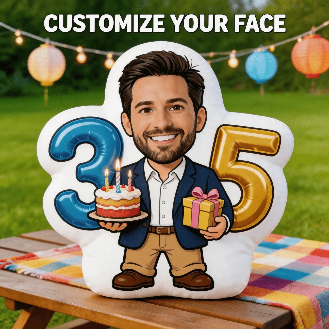 Custom Personalized Photo Face Pillow, 35Th Birthday Celebration Custom Shaped Decorative Cushion with Double-Sided Printing, 60