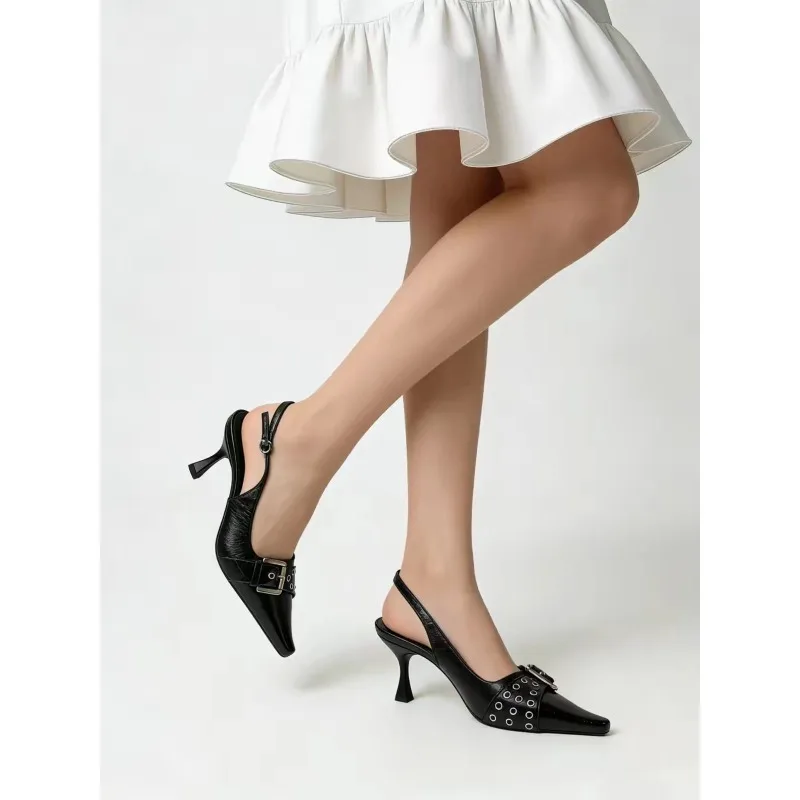 Summer New Black Pointed High Heels Women's Belted Slippers Distressed Semi-Sandals Mid-Century Backless Flat Shoes