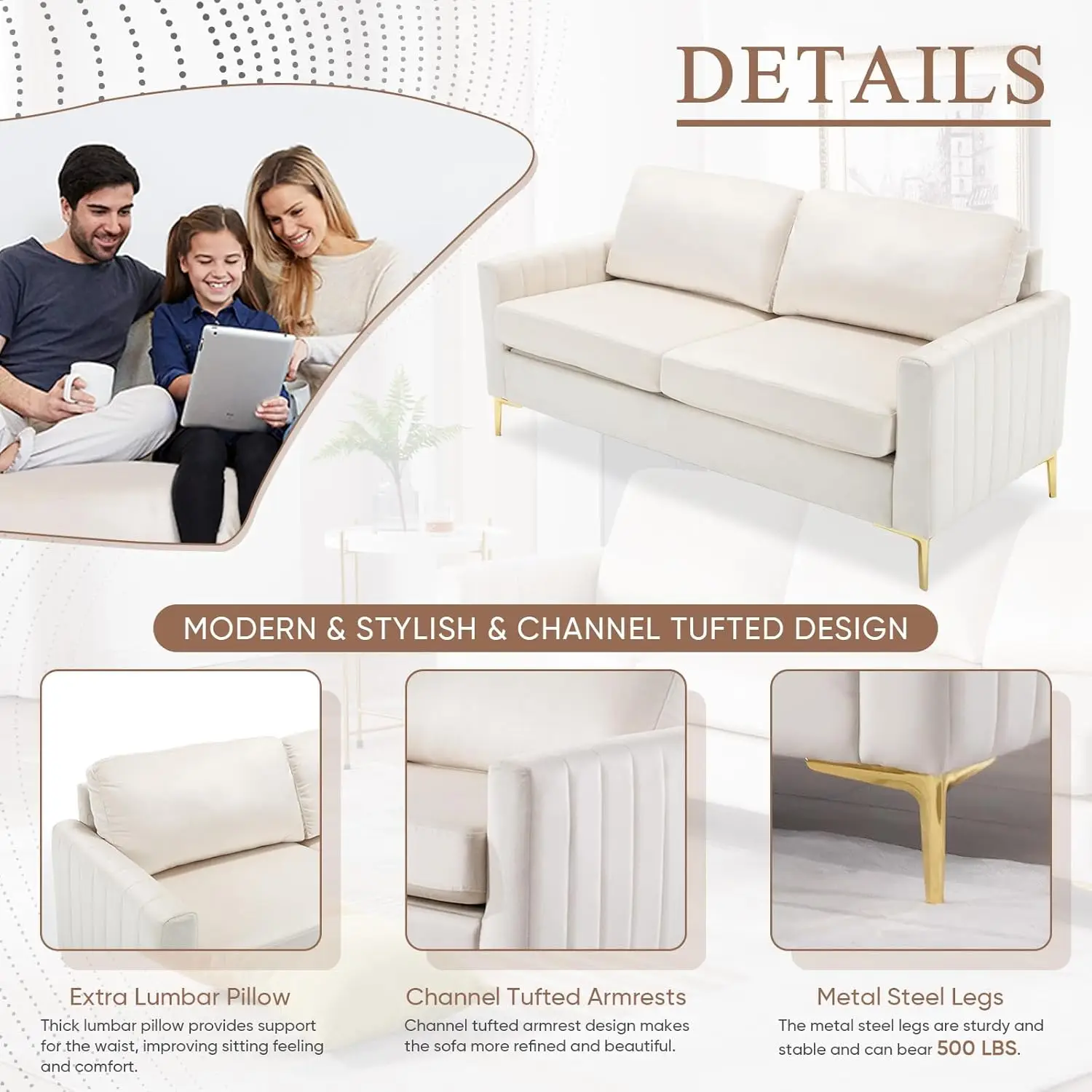 Velvet double sofa, ， 65 "W soft pack channel plush comfortable 2-person sofa with metal legs (beige) image 5