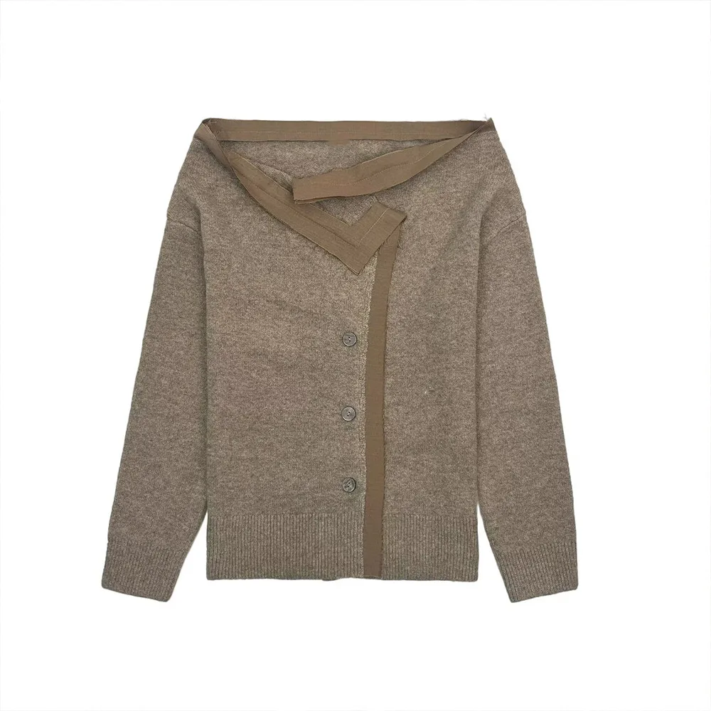 

Женский вязаный кардиган с вырезом лодочкой, однобортный однобортный однобортный однобортный укороченный пуловер на одно плечо, новый топ ранней осени