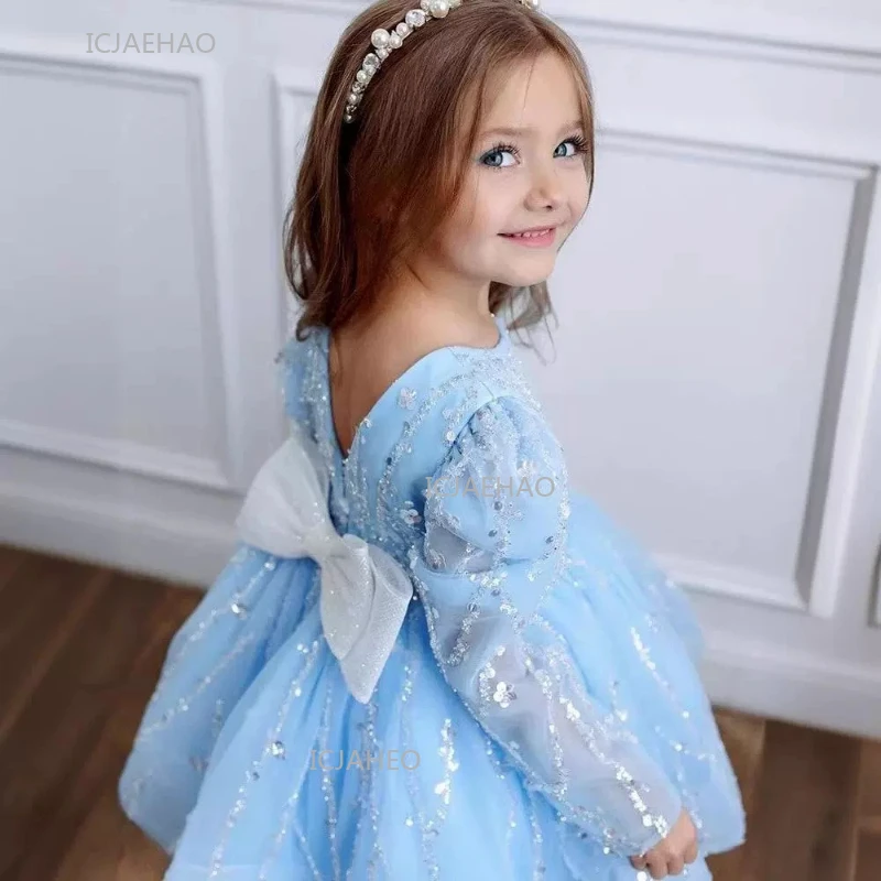 Light Blue Girls Princess Party Dress Sequin Puffy Gown for Birthday Piano Host Performance Pageant Formal Evening Kids Dresses