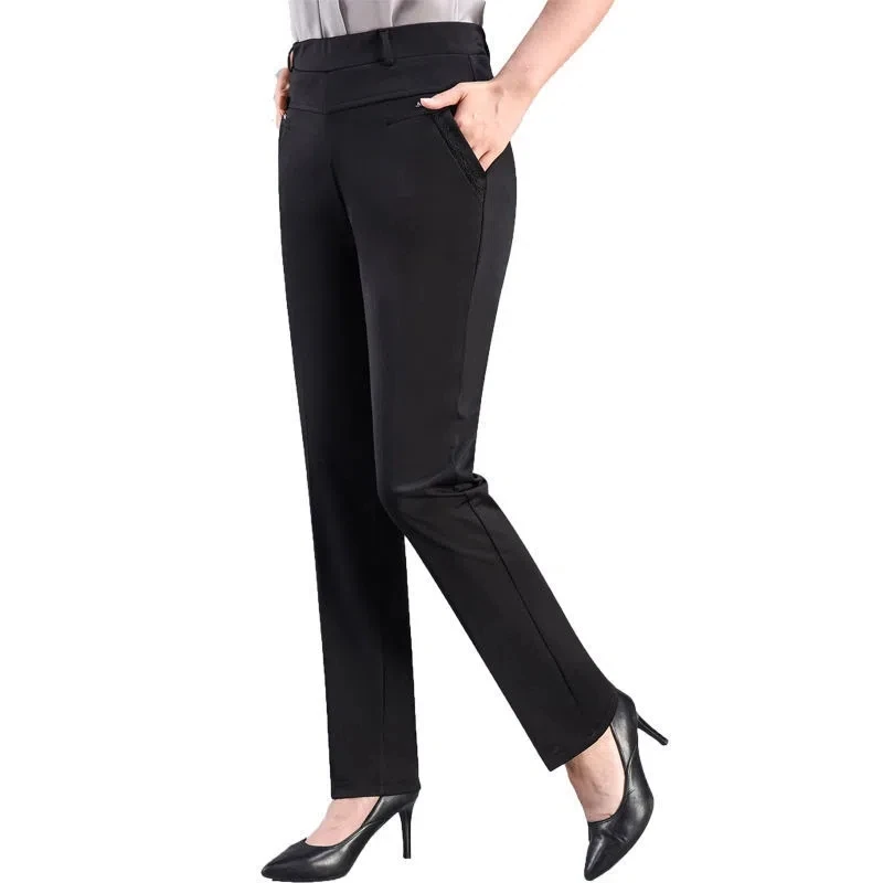 Brand Casual Pants Woman Winter Fleece Fashion High Waist Elegant Slim Black Straight Pants Thicken Large Size Trousers