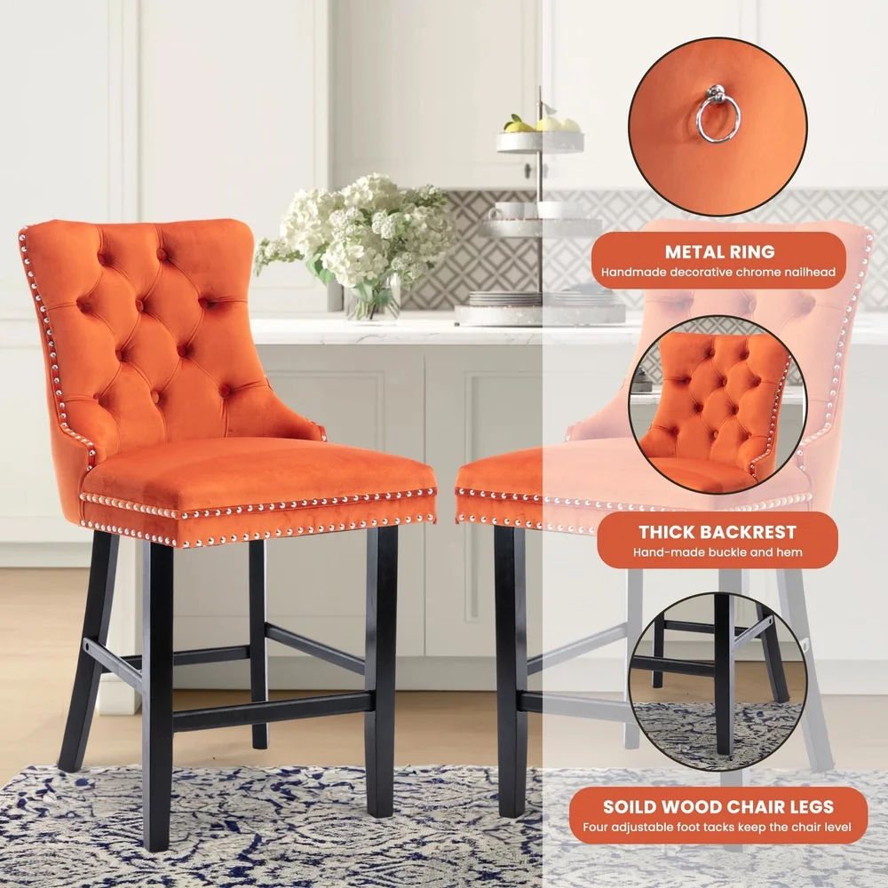 Upholstered Bar Stools Set of 2 Velvet Counter Height Chairs with Backrest Footrest Kitchen Dining Room Indoor Use