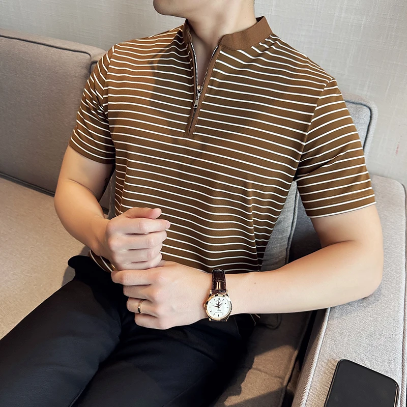 2024 Summer New Stand Collar Striped Half Zipper Contrast T-shirt Men Chinese Style Fashion Casual Business Social Polo Shirts