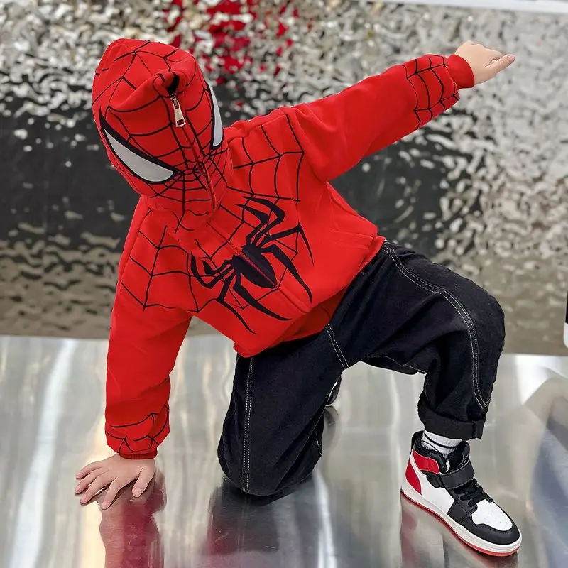 Spider-Man Jacket Children\'s Hooded Sweatshirt Jacket Baby Autumn Clothing New Boys Cardigan Top Warm Jacket Birthday Gift