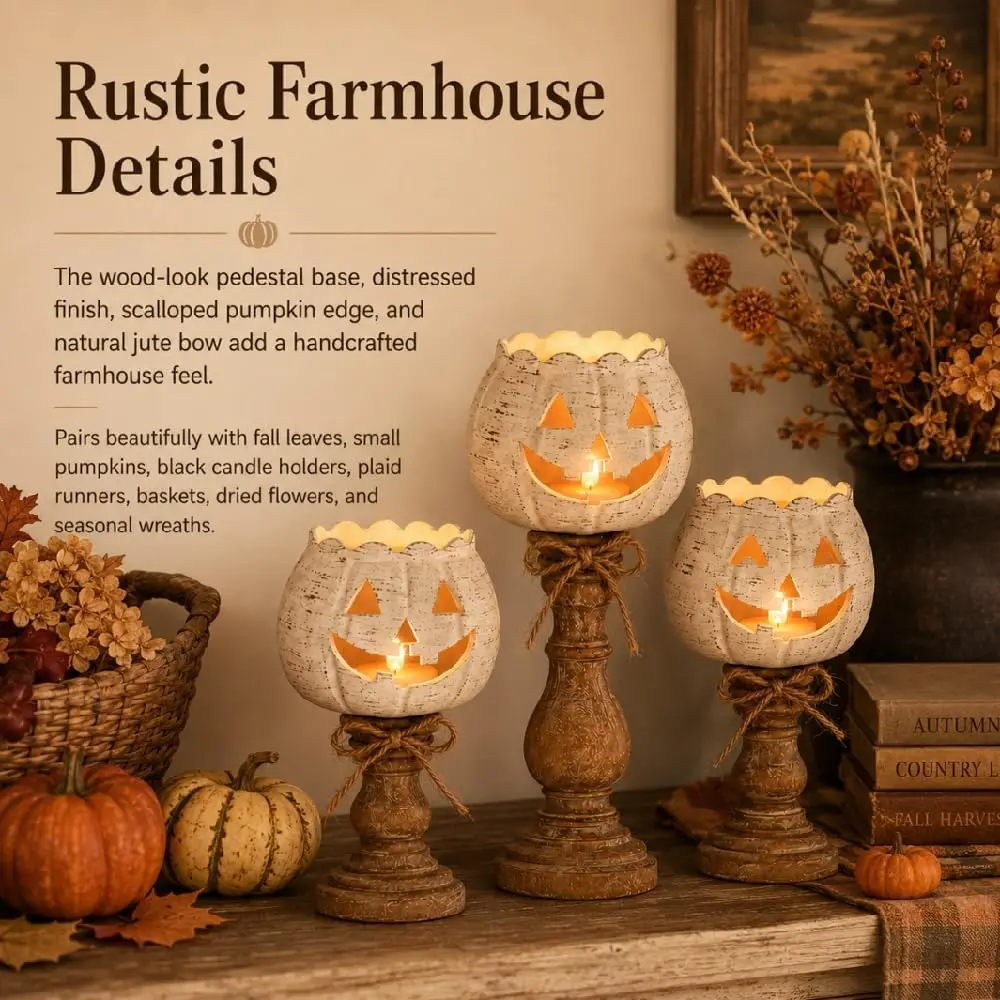 Rustic Pumpkin Tealight Candle Holder Set, Farmhouse Halloween Decor,Fall Tables Centerpieces for Thanksgiving & Halloween Party