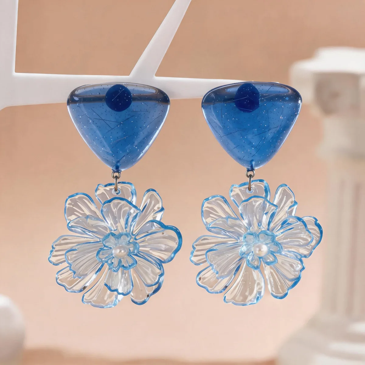 Fog Blue Flower Shadow~ Triangular Flower Earrings Seaside Holiday Wind Earrings Premium Light Luxury Earrings