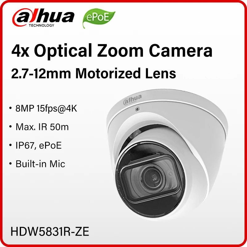 

Dahua Outdoor 4K Motorized Lens Camera 4x Optical Zoom Full Metal Body Built-in Mic ePoE IP67 CCTV IR 50m H.265 IPC-HDW5831R-ZE