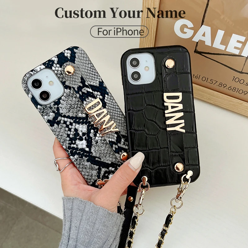 Leather Phone Case with Lanyard Metal Letter Pebble Snakeskin iPhone 14 14Pro Max 14Plus 13Pro Max 13Pro 12 11