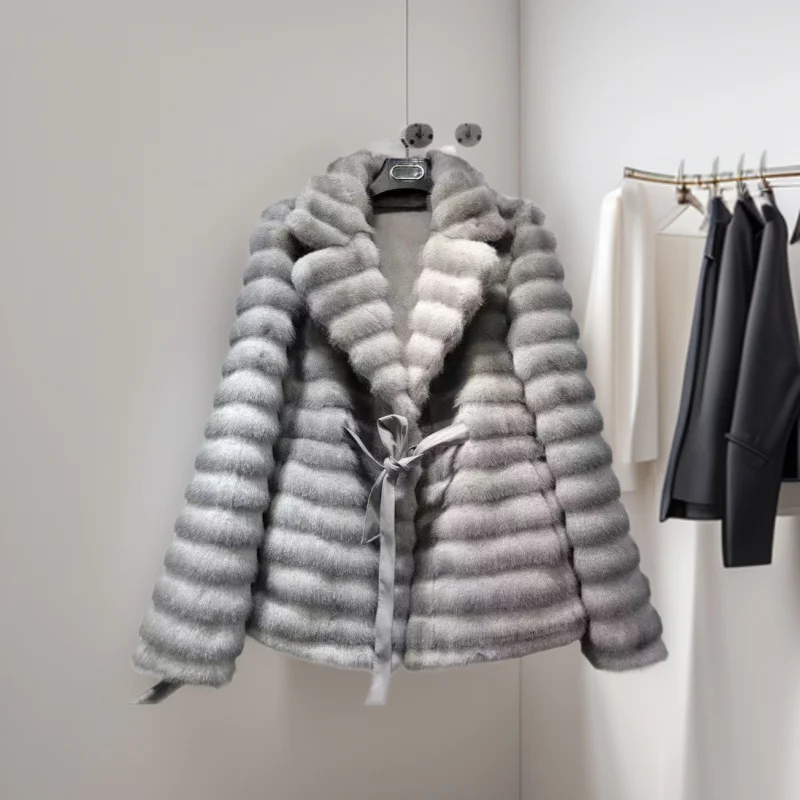 

Женская роскошная короткая куртка из искусственного меха в полоску с поясом на талии и отложным воротником, теплая зимняя верхняя одежда