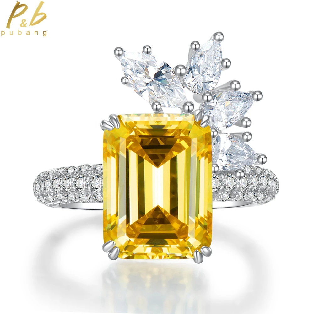 

PuBang Fine Jewelry 925 Sterling Silver Asscher Cut Yellow Sapphire Created Moissanite Diamond Ring for Women Gift Drop Shipping