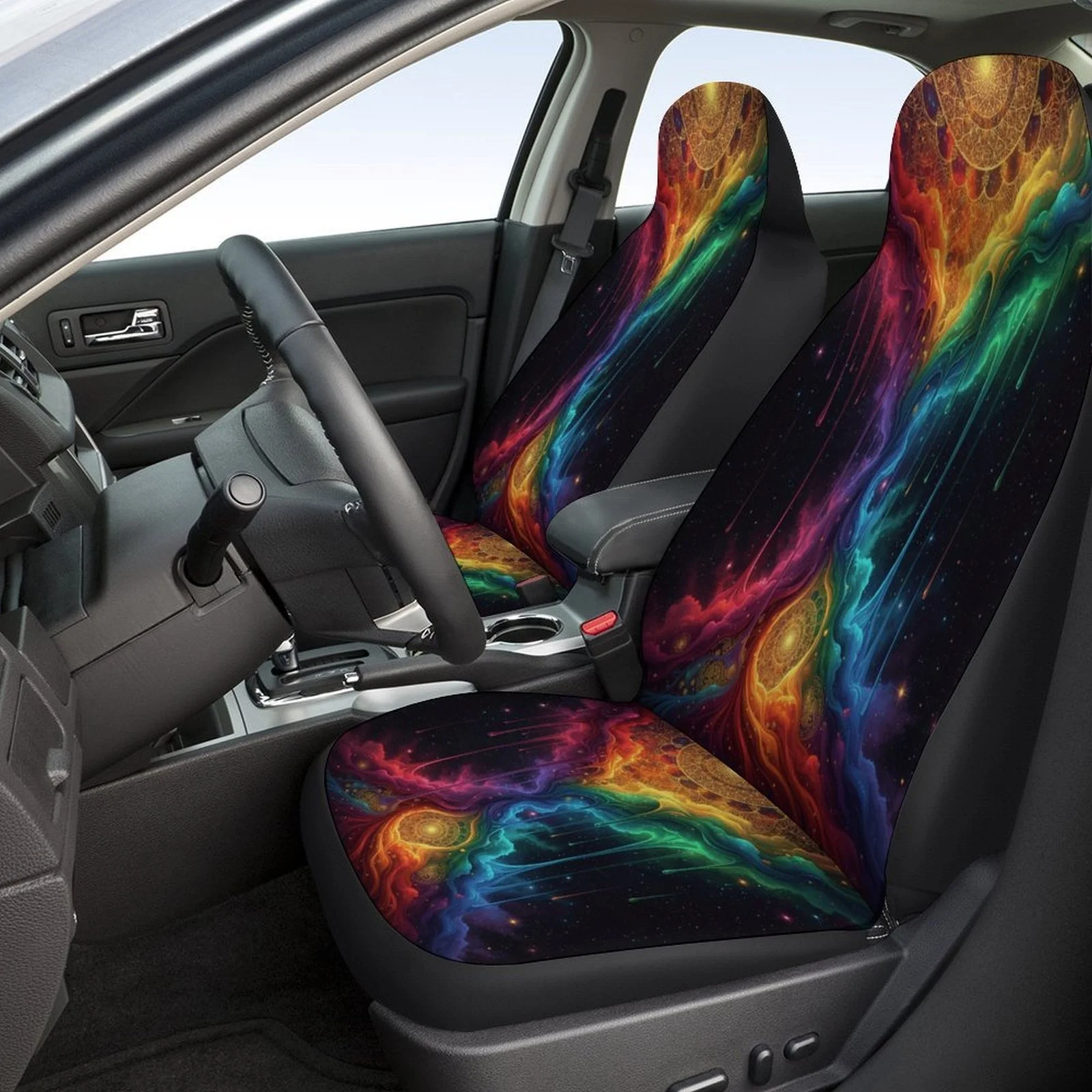 Set Of Car Seat Covers Featuring A Cosmic Rainbow Veil Design, Suitable For A Variety Of Vehicles. These Stylish, High-Quality P