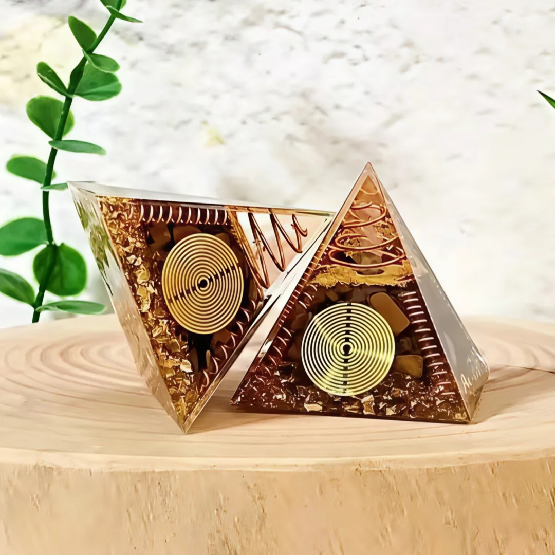 1pc crystal pyramid with tiger eye stone shavings and circular patterns, pyramid stone used for home desktop decoration