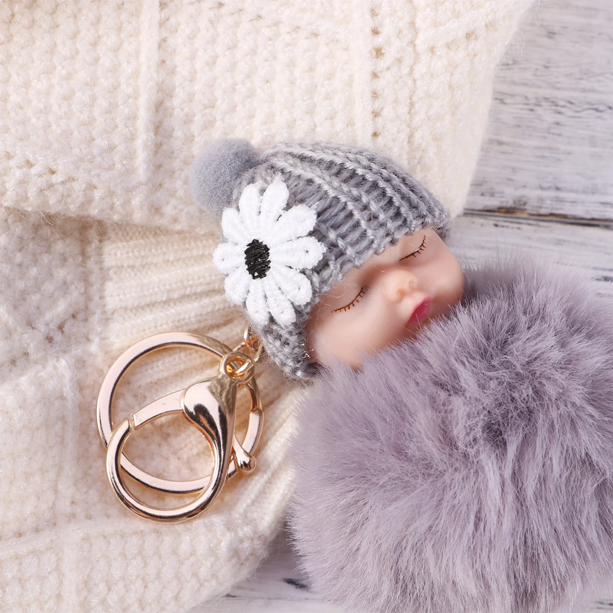 

Sleeping Baby Pompom Key Chain Light Grey Soft Comfortable Bag Phone Pendant Car Keyring Fashion Accessory Gift for Women Ladies