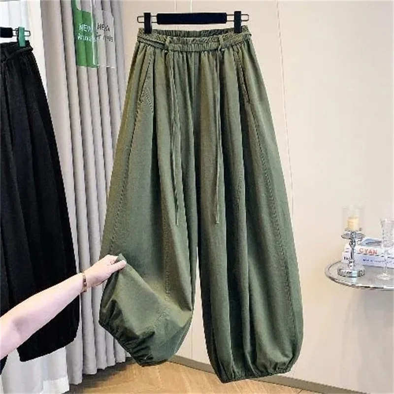 Summer Femme High Waist Loose Workwear Pant Lady High End Pocket Lantern Pantalons Spring Women Large Size 4xl Wide Leg Trousers