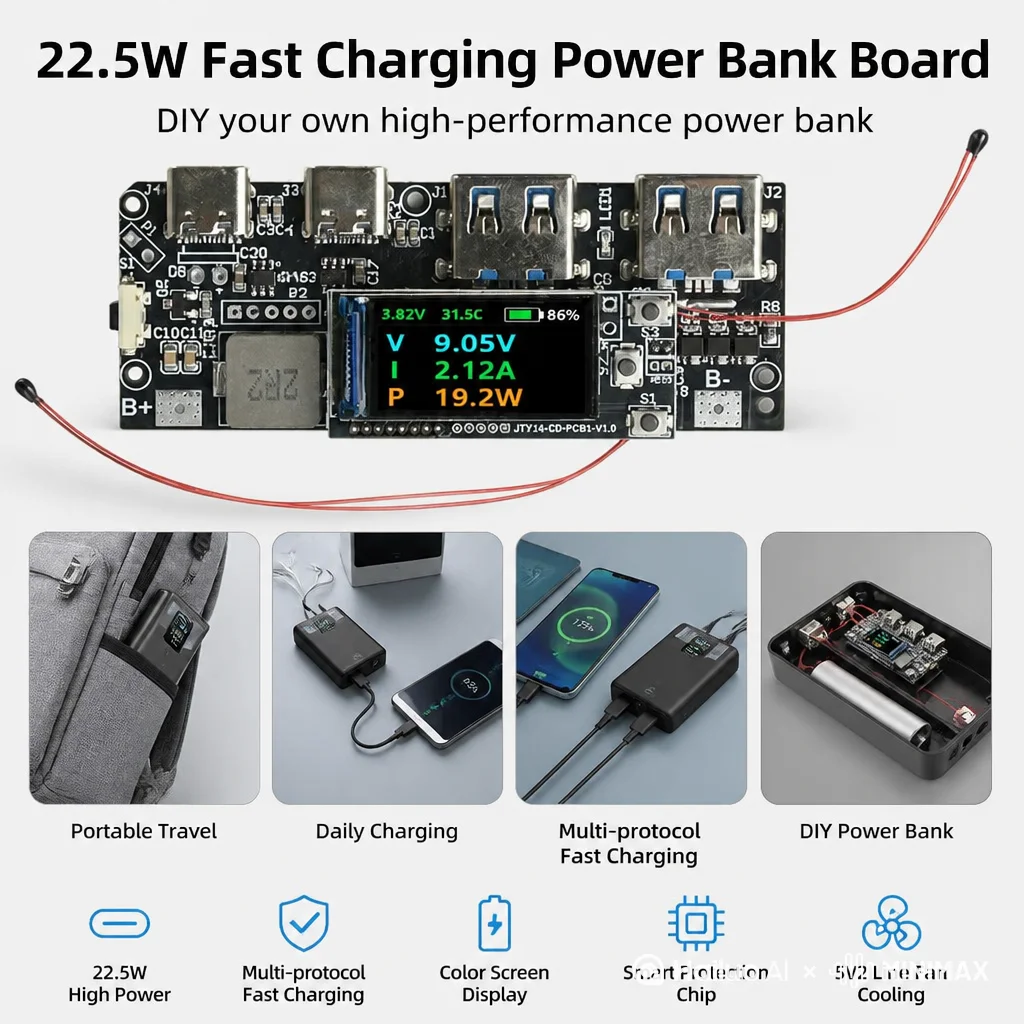 PD 22.5W / 45W / 65 Power Bank Super Schnelles Laden f￼r VC Flash Laden Mobile Power Module Board 0,96-Zoll TFT Display 2S 3S