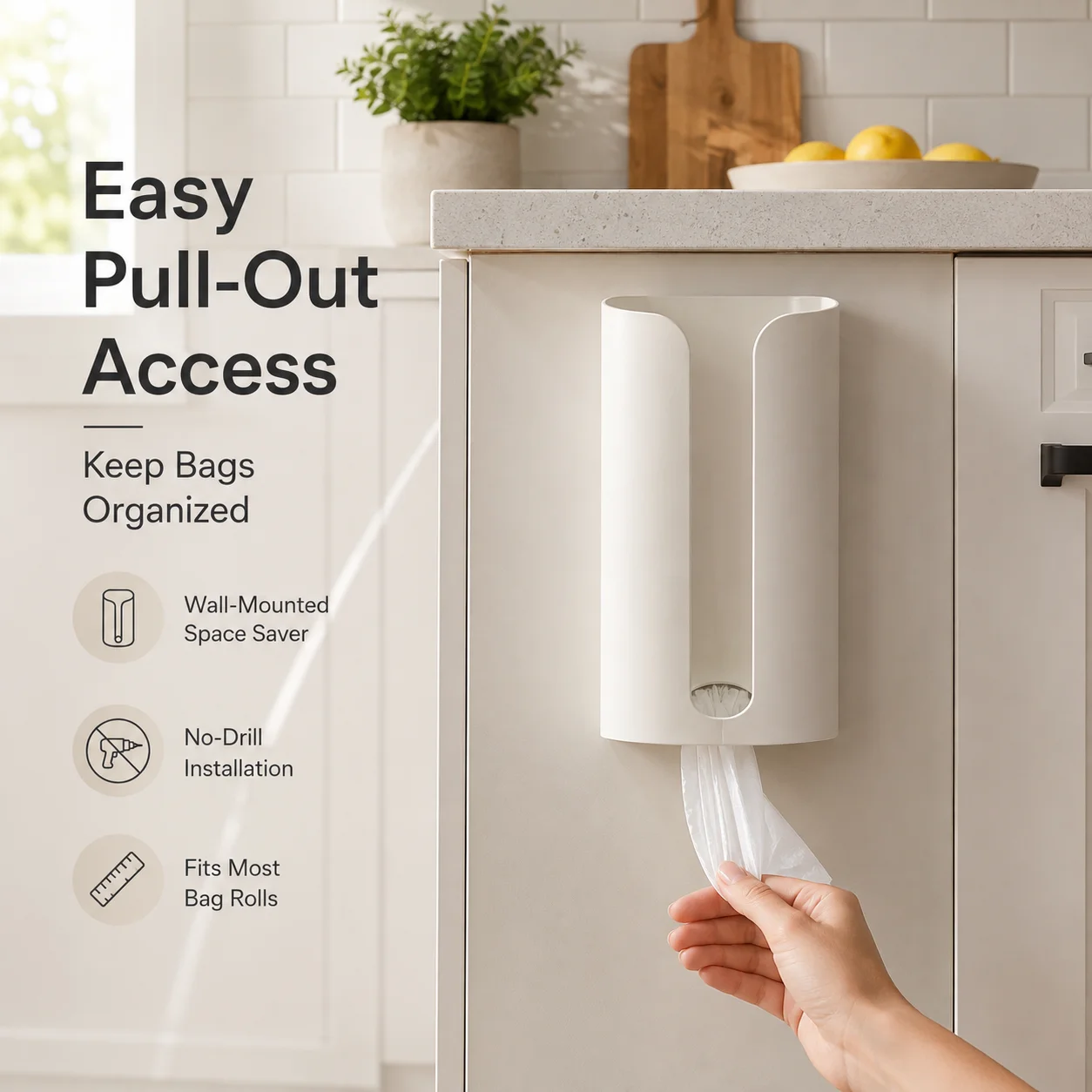 Plastic Bag Holder Wall Mount, Kitchen Trash Bag Storage Box with Easy Access, Space Saving Organizer