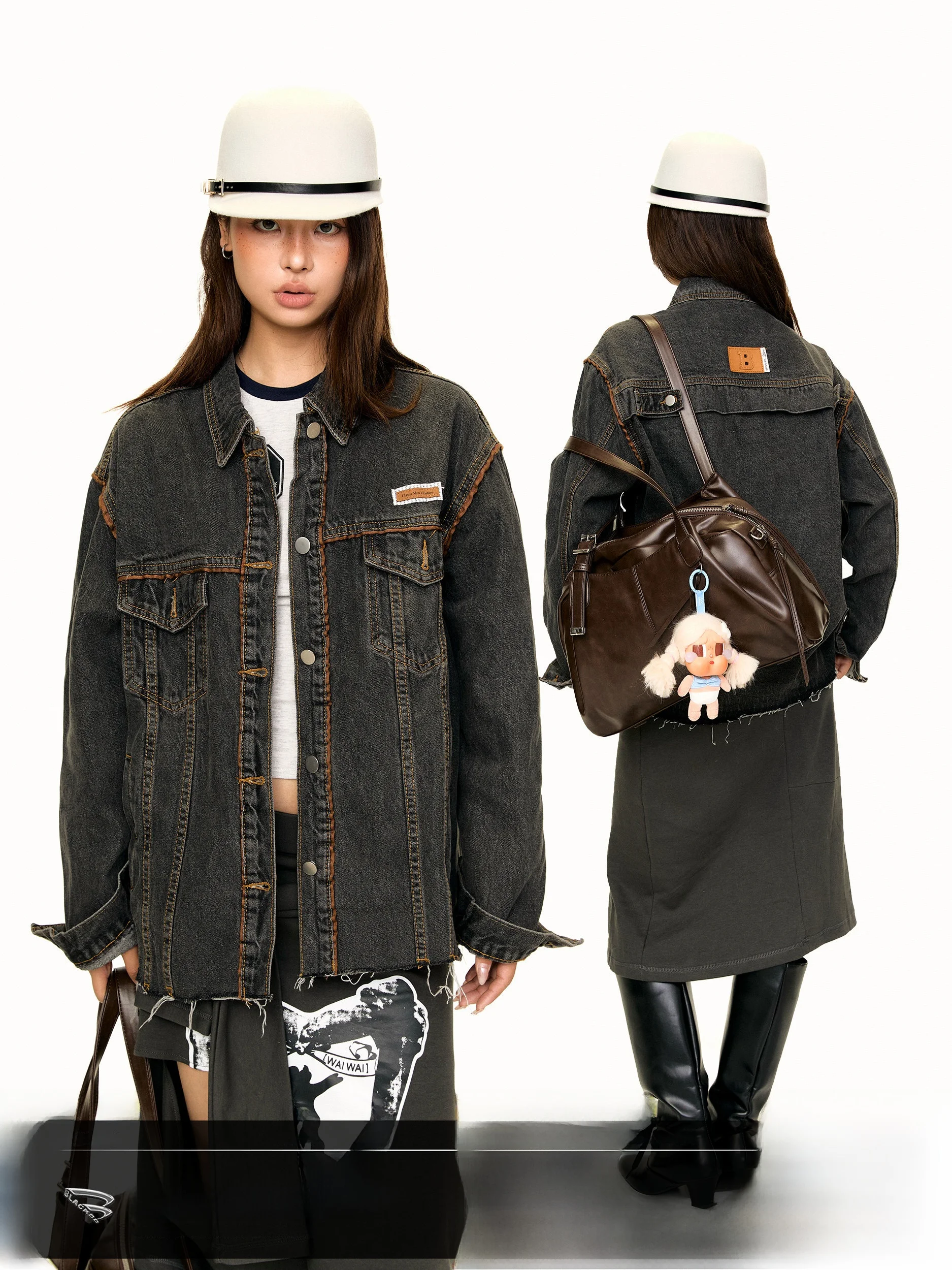 Blackbb Heavy Industry Label Casual Style Women's Denim Jacket American Creative Design Cotton Long Sleeve Button Closure