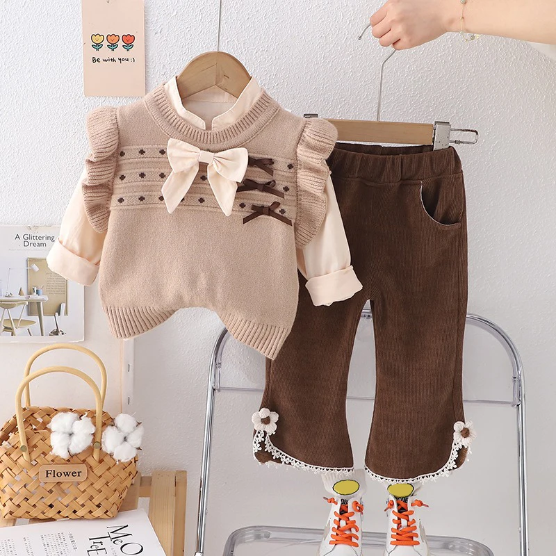 Children Clothing Sets Spring Baby Girls Knitted Lace Vest Shirt Pants 3 Pieces Suit Infant Bow Princess Clothes Kids Outfits