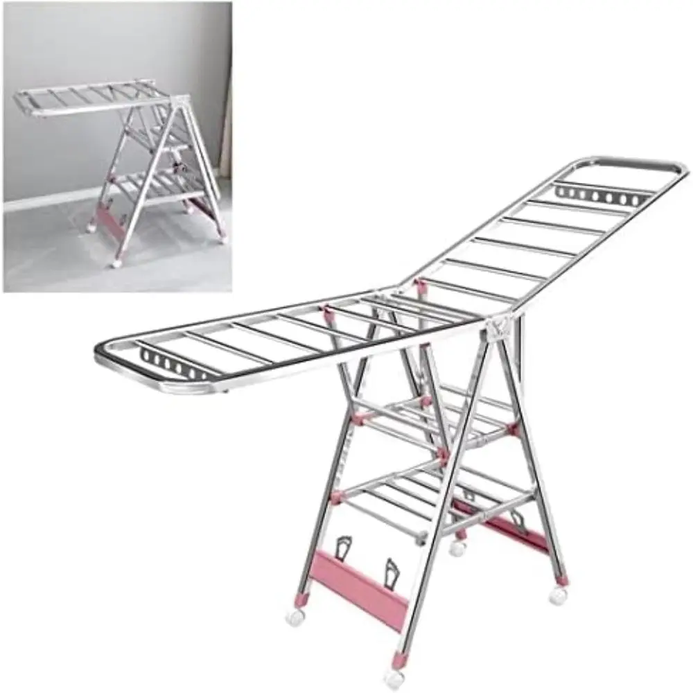 

3-Level Adjustable Clothes Drying Rack with Sock Clips, Suitable for Indoor and Outdoor Use, Space-Saving Design (Pink, 160cm x