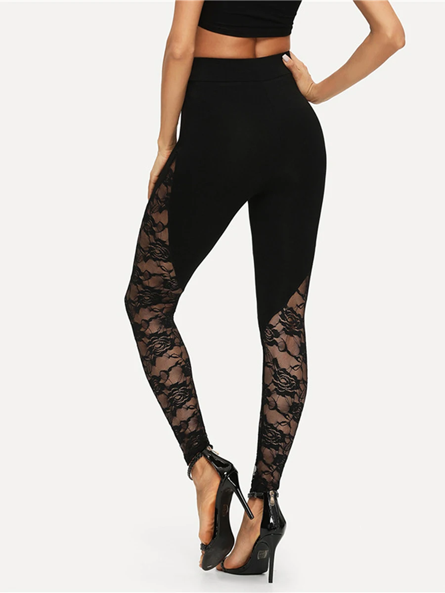 Sexy Women s Black Lace Leggings Elastic High Waist See-Thru Sheer Pencil Pants -Fit Streetwear S-2XL