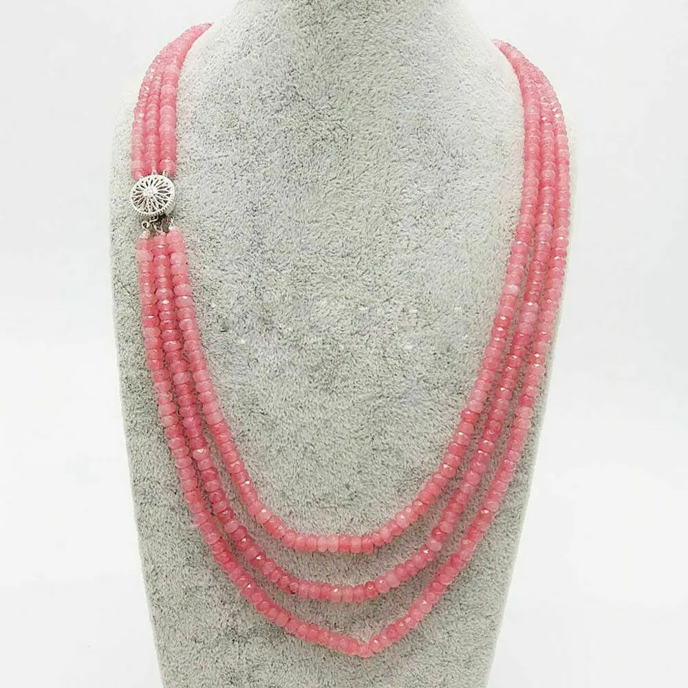 

3 Rows Faceted 2x4mm Natural Pink Rhodochrosite Gemstone Beads Necklace 18-20"