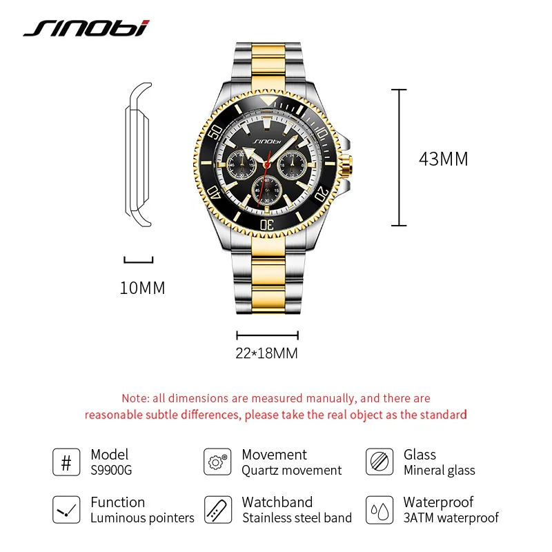 SINOBI Top Luxury Brand Men\'s Watches Original Fashion Mans Quartz Wristwatches Stainless Steel Male Gifts Clock Montre Homme