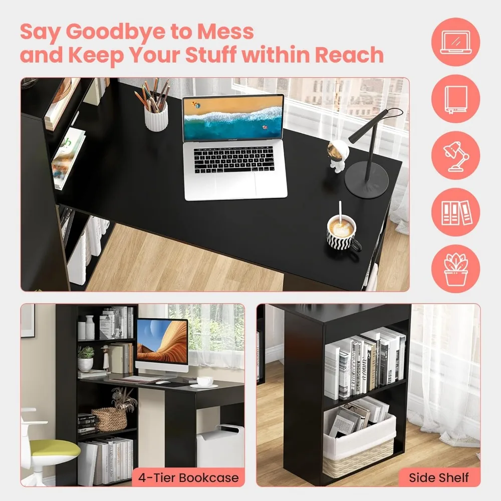 Compact Reversible Computer Desk 48 Inch with Storage Shelves, Bookshelf, and CPU Stand for Study and Writing