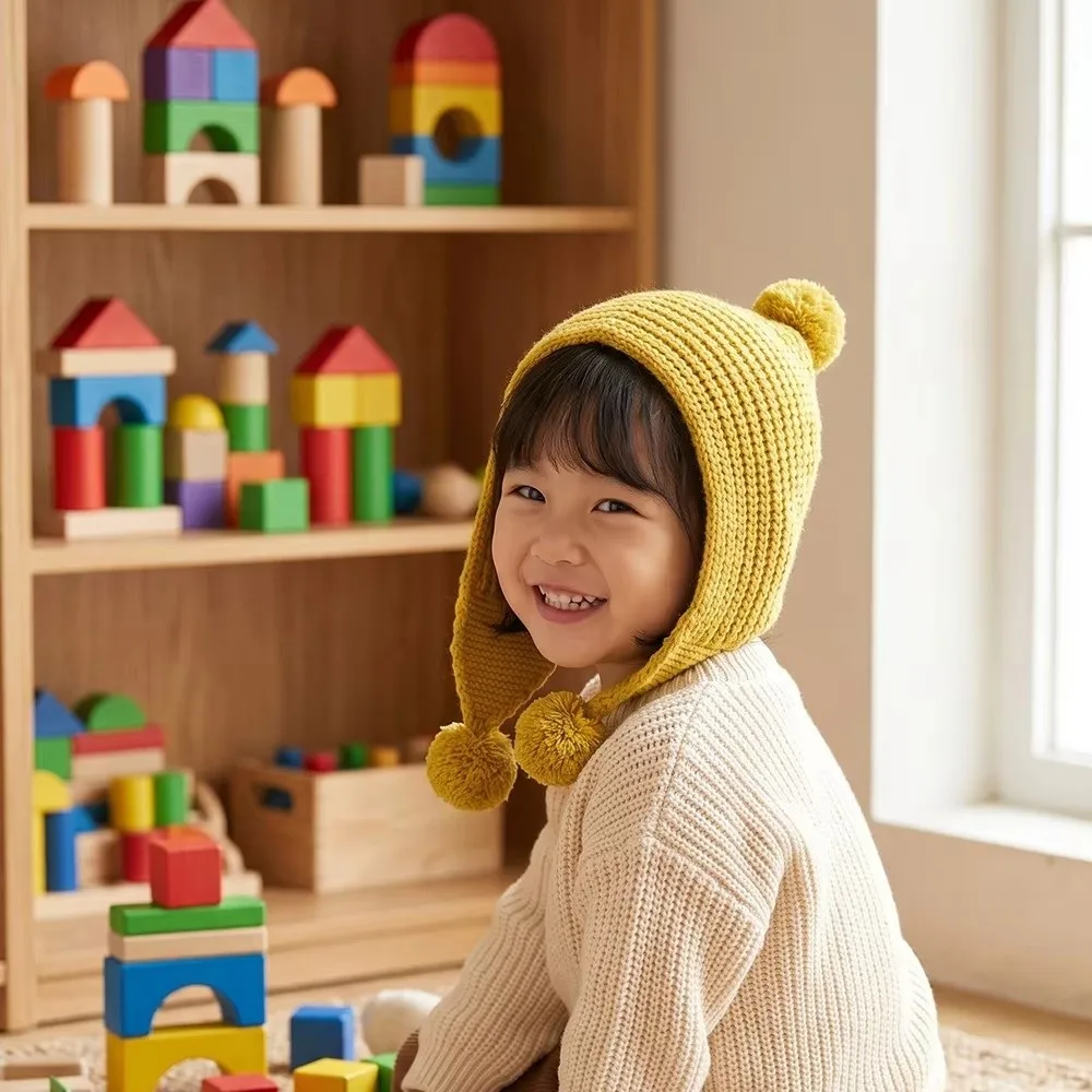 Knit Material Knit Earflap Hat Solid Color Pom Pom Top Pom Pom Beanie Warm Lining Earflap Design Solid Color Beanie For Toddlers