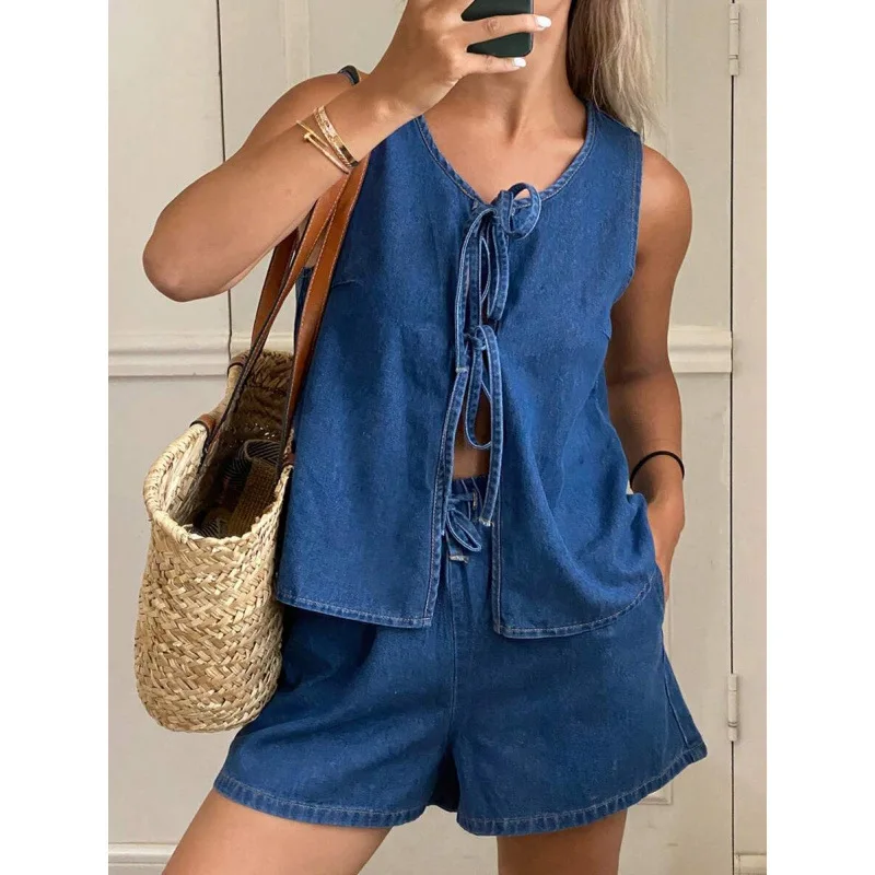 

Denim Vest Set Women's Fashion Summer Outfit Cross-Border Cowgirl Top Bottoms Matching Set Female Students Work Uniform