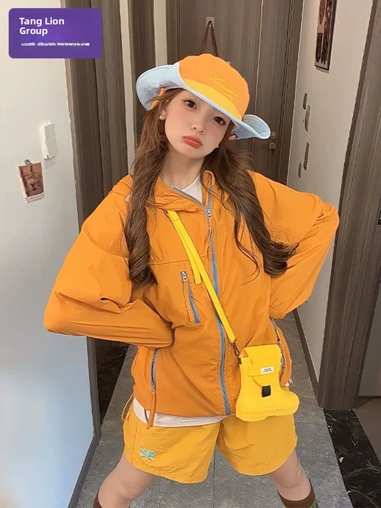 

Женская одежда с защитой от ультрафиолета Qui Dry Spor Sle, летняя солнцезащитная верхняя одежда, свободная посадка, молния с капюшоном из нейлонового волокна