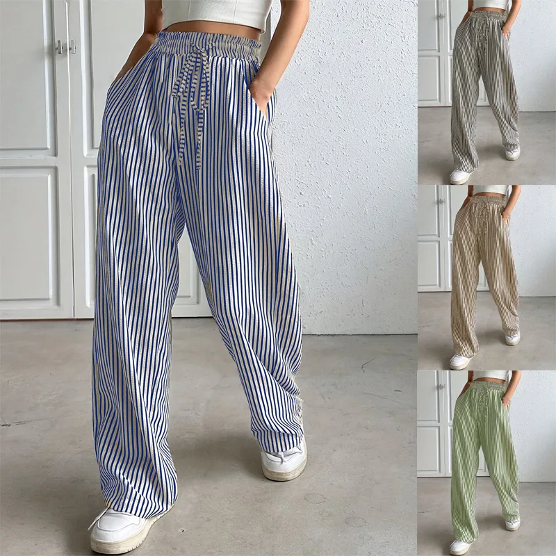 Women's Striped Wide Leg Pants Elastic Drawstring Waist Loose Casual Pants Summer Lightweight Straight Leg Wide Leg Pants