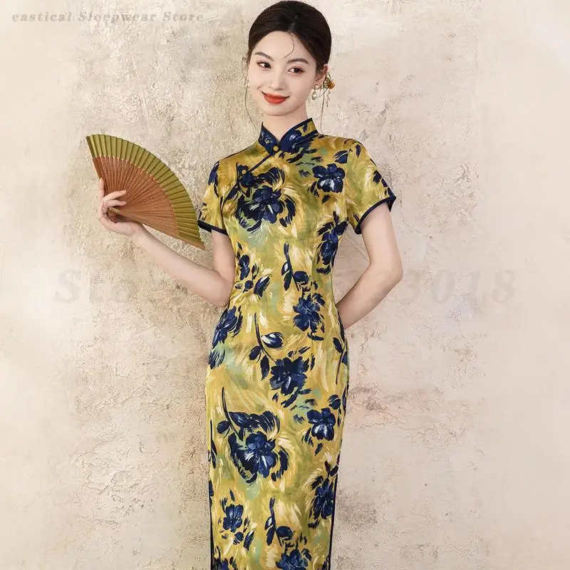 

Женское платье Cheongsam в китайском стиле, элегантное улучшенное Ципао, сексуальное платье с цветочным принтом, длинное вечернее банкетное платье, большой размер 3XL 4XL