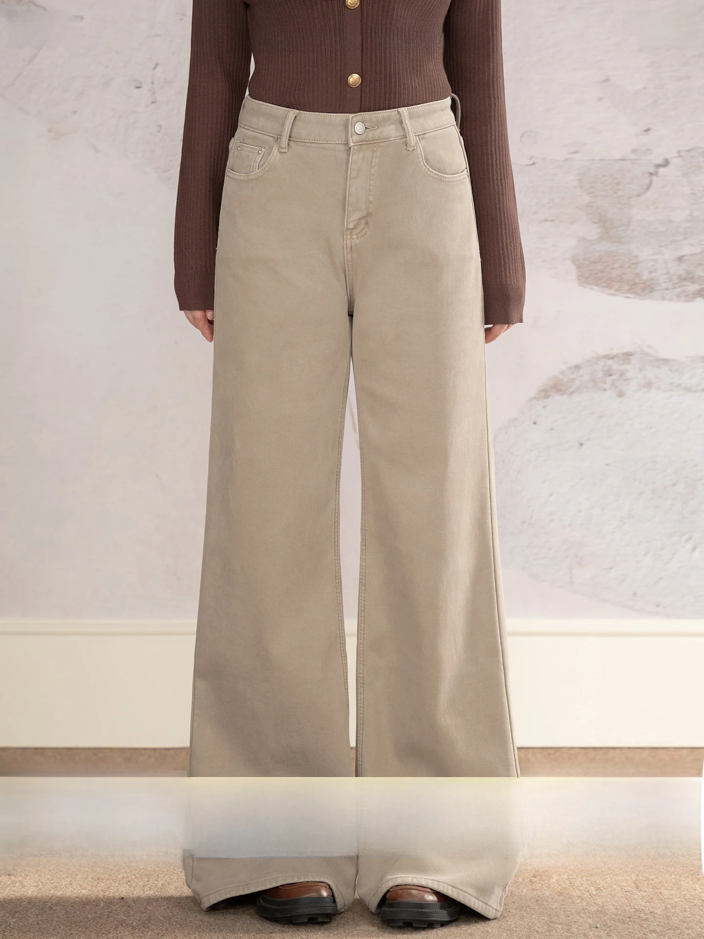 

Heynew plus Size Women's Fce Lined Casual Wide Leg Jeans Winter High Waist Concealing Long Pants Coffee Milk Color